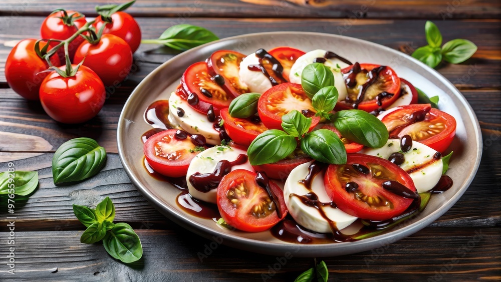 Caprese salad with fresh mozzarella, ripe tomatoes, basil leaves, and balsamic glaze , Fresh, Italian, Mediterranean Caprese salad with fresh mozzarella, ripe tomatoes, basil leaves, and balsamic glaze , Fresh, Italian, Mediterranean