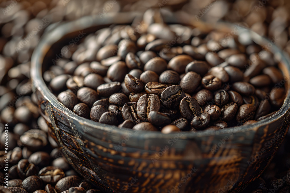 Fototapeta premium The coffee beans on the table and a steaming cup of coffee