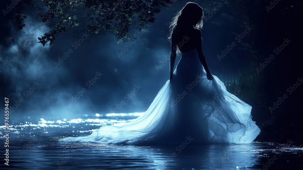 Ethereal Ghostly Woman in Flowing White Dress at Dark Forest Edge under Moonlight Shadows Ethereal Ghostly Woman in Flowing White Dress at Dark Forest Edge under Moonlight Shadows