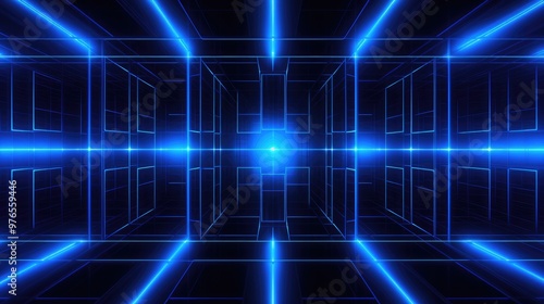 Abstract blue neon light grid with perspective lines and glowing center in dark background.