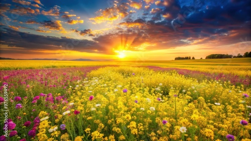 Vibrant field of wildflowers blooming under a yellow sky in springtime, nature, sky, clouds