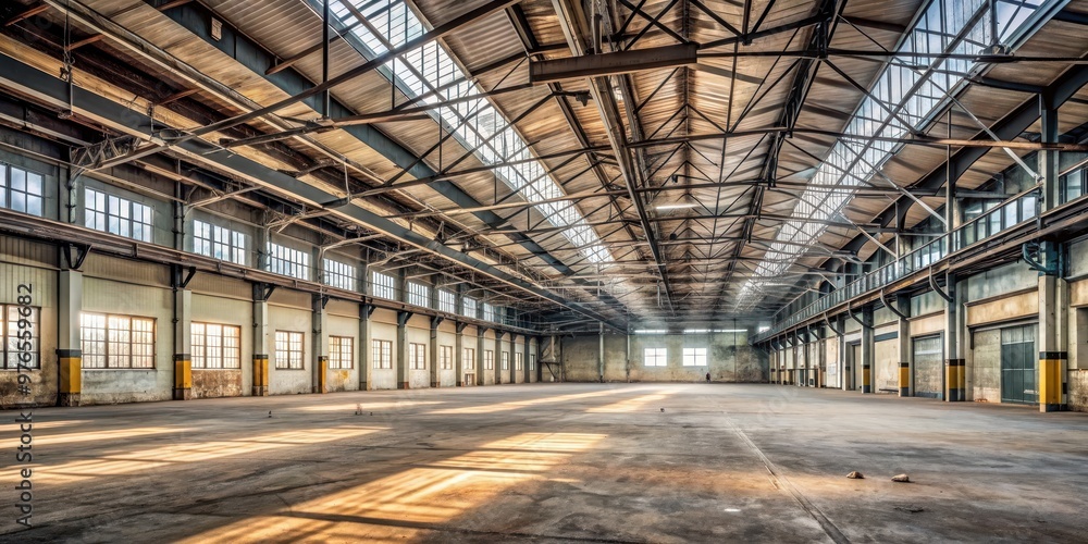 Spacious and serene abandoned warehouse with a forgotten ambiance , Spacious, interior, environment, silent