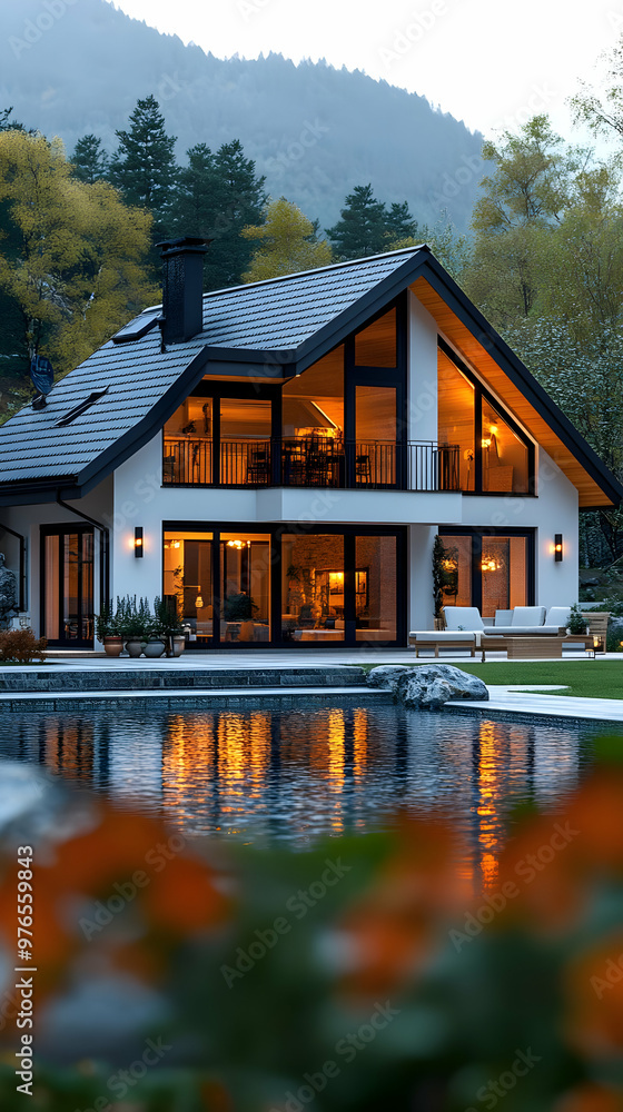 Modern Home 3D Rendering: Evening Tranquility with Pool and Mountain View Modern Home 3D Rendering: Evening Tranquility with Pool and Mountain View