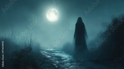 Eerie Ghostly Figure on Foggy Moonlit Road at Night
