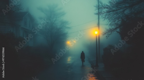 Fototapeta Naklejka Na Ścianę i Meble -  Ghostly Wanderings: Eerie Halloween Night in Deserted Small Town
