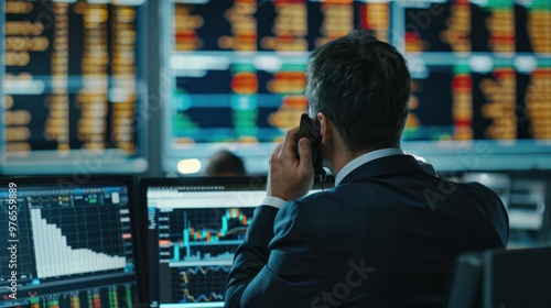 A businessman on the phone, monitoring live stock market updates on a computer