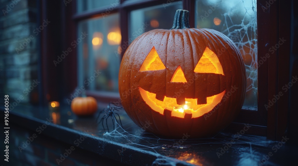 Spooky Halloween vibes with a carved pumpkin on a windowsill, candlelight shadows, and autumn night view through window Spooky Halloween vibes with a carved pumpkin on a windowsill, candlelight shadows, and autumn night view through window