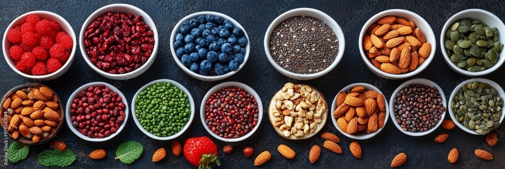 Superfood Bowls: A Vibrant Mix of Healthy Goodness, showcasing raspberries, blueberries, almonds, chia seeds, pumpkin seeds, and red beans. These superfoods offer a variety of essential nutrients and Superfood Bowls: A Vibrant Mix of Healthy Goodness, showcasing raspberries, blueberries, almonds, chia seeds, pumpkin seeds, and red beans. These superfoods offer a variety of essential nutrients and