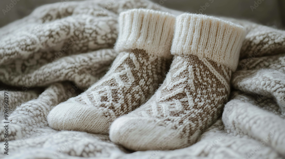 Warm knitted socks on a soft blanket. Warm knitted socks on a soft blanket.