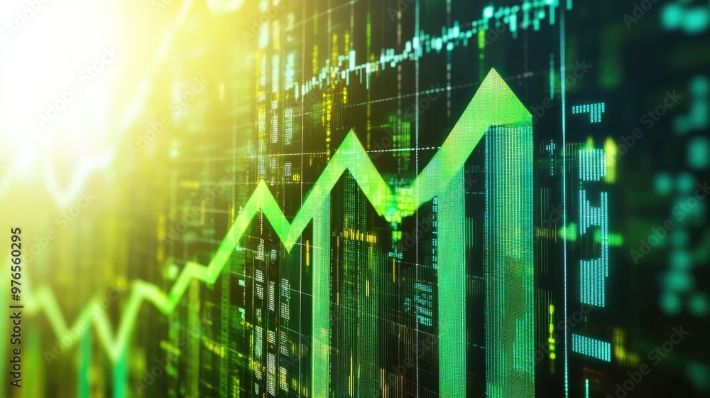 Green upward trend line on a financial chart with data and numbers on the screen. Green upward trend line on a financial chart with data and numbers on the screen.