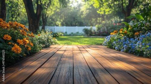 Wooden Deck Leading to a Lush Backyard