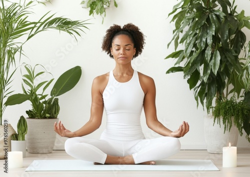 Meditative Yoga Practice with Middle-Aged Woman in Home Setting Amidst Plants and Candles