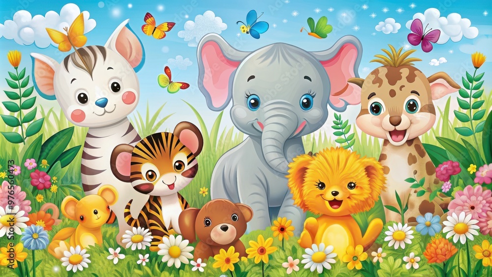 Naklejka premium Playful nursery art featuring cute animals like elephant, duck, cat, dog, tiger, and vibrant flower power designs, nursery, art