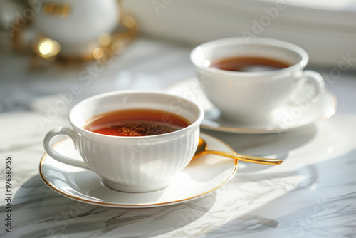 The white cup on the table is filled with fresh coffee