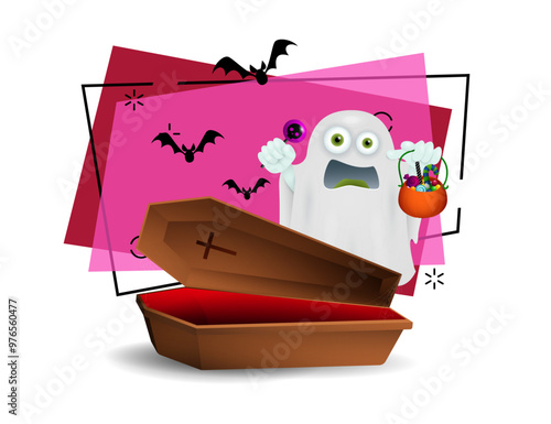 Coffin and ghost with lollipop and cauldron with sweets. Flying bats on background. Halloween concept. Vector illustration can be used for invitations, posters or banners