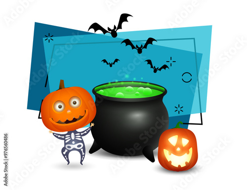 Child in skeleton costume, boiling potion in caldron and pumpkin lantern. Flying bats on background. Invitation or banner design. Halloween concept. Vector illustration for poster, postcard or banner