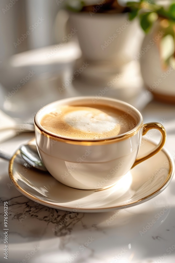 The white cup on the table is filled with fresh coffee The white cup on the table is filled with fresh coffee
