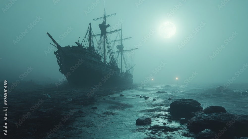 Ghostly Pirate Ship on Foggy Beach at Night - Photorealistic 3D Render in Blender Ghostly Pirate Ship on Foggy Beach at Night - Photorealistic 3D Render in Blender
