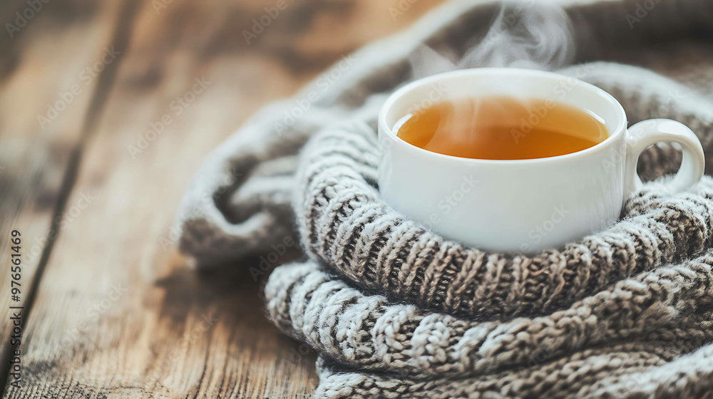 Warm cup of tea on a cozy knit blanket, perfect for a chilly day. Warm cup of tea on a cozy knit blanket, perfect for a chilly day.