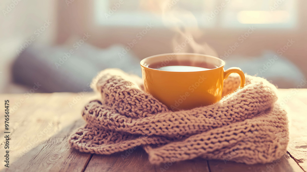 A steaming cup of hot tea nestled in a cozy knitted scarf on a rustic wooden table. A steaming cup of hot tea nestled in a cozy knitted scarf on a rustic wooden table.