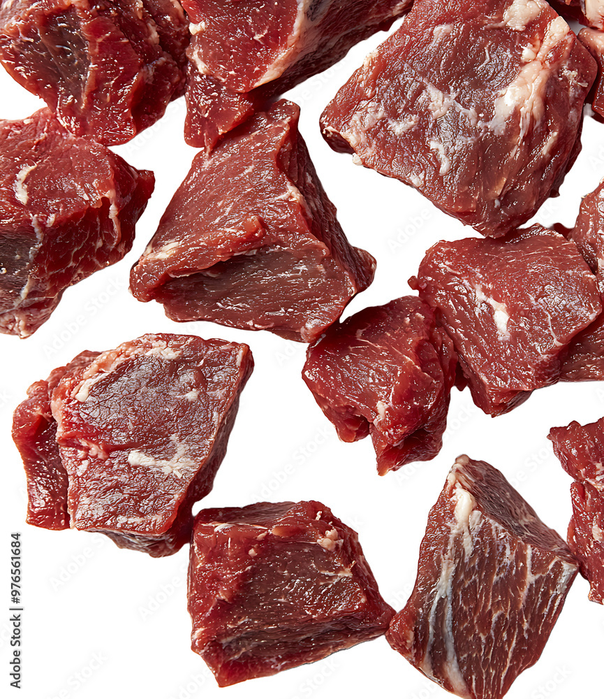 Photo of diced raw beef meat isolated on transparent background Photo of diced raw beef meat isolated on transparent background