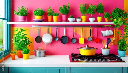 Lively kitchen atmosphere featuring colorful walls, potted herbs, and vibrant cooking utensils on a pristine white countertop