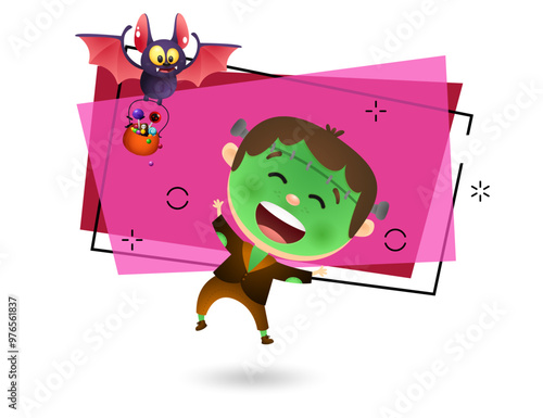 Funny kid wearing zombie costume. Bat with cauldron with sweets flying on abstract background. Invitation or advertising design. Halloween concept. Vector illustration for posters or banners.