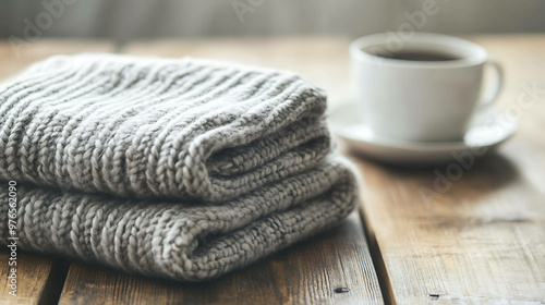 Cozy knitted blanket on rustic wooden table with a cup of coffee. photo