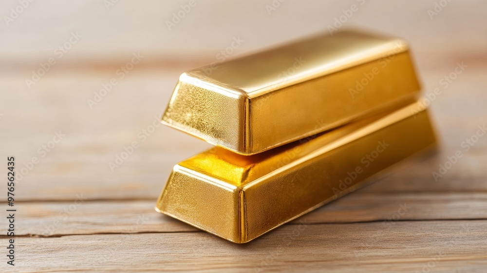 Two gleaming gold bars, stacked on a rustic wooden surface, symbolize wealth, prosperity, and financial security. Two gleaming gold bars, stacked on a rustic wooden surface, symbolize wealth, prosperity, and financial security.