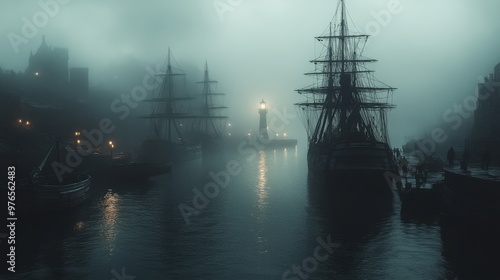 Ethereal Foggy Seaside Village at Night with Ghostly Sailors and Haunting Atmosphere Captured in Ultra-realistic Nikon Z6 50mm Lens Photography photo