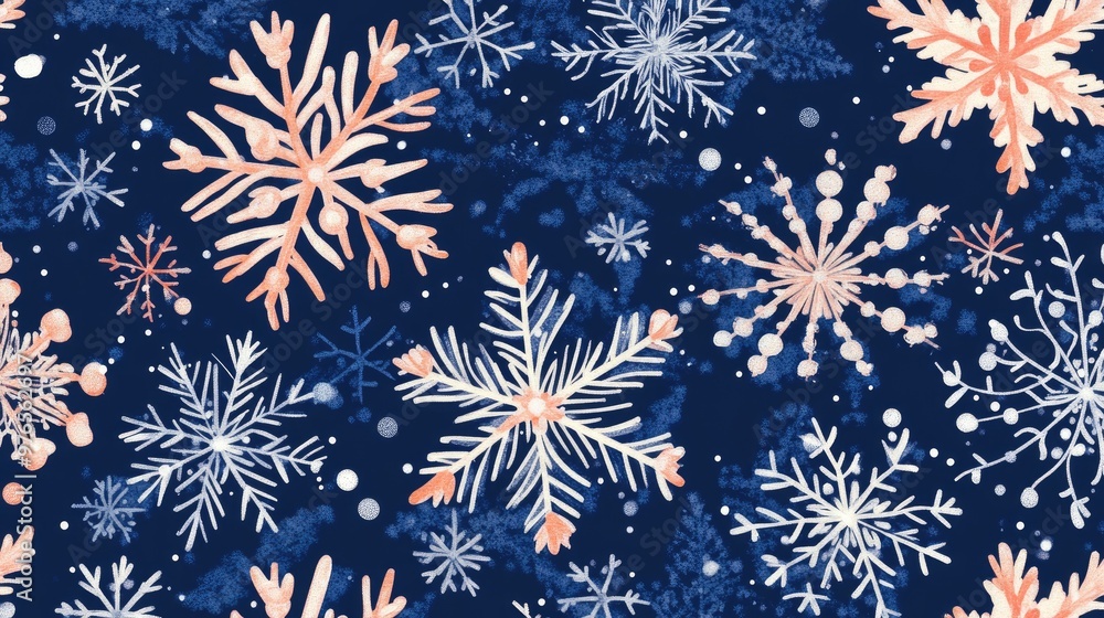 Seamless Winter Snowflake Pattern on Dark Blue Background with Hand-Drawn Snowflakes in Various Shapes and Sizes Seamless Winter Snowflake Pattern on Dark Blue Background with Hand-Drawn Snowflakes in Various Shapes and Sizes