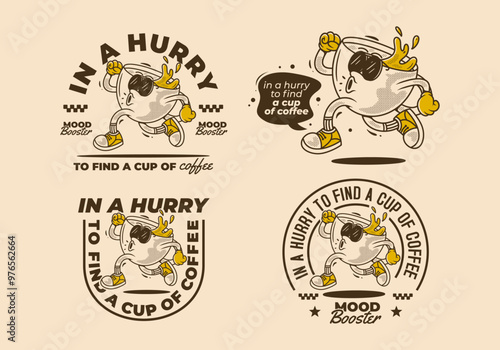In a hurry to find a cup of coffee. Running coffee cup character in retro vintage style
