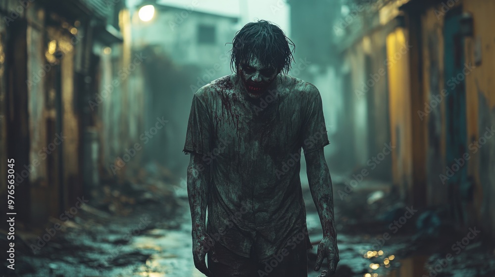 Creepy Zombie Man in Grim Urban Setting with Gory Face Paint Under Flickering Streetlights Creepy Zombie Man in Grim Urban Setting with Gory Face Paint Under Flickering Streetlights