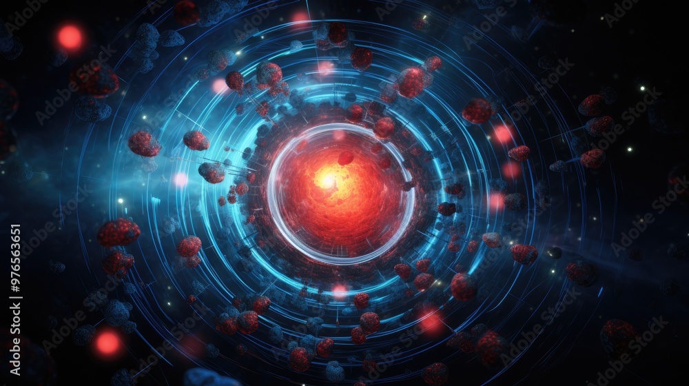 Abstract digital art with red glowing sphere in the center surrounded by glowing blue rings and red and blue orbs. Abstract digital art with red glowing sphere in the center surrounded by glowing blue rings and red and blue orbs.