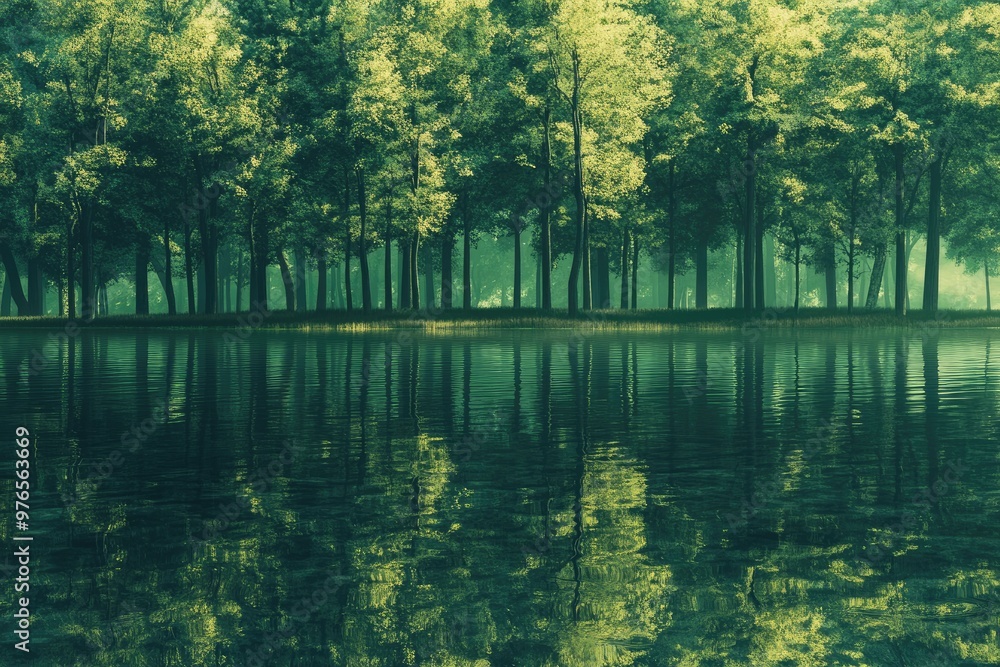 Fototapeta premium Serene Forest Reflected in Calm Lake Water with Lush Green Trees and Misty Atmosphere