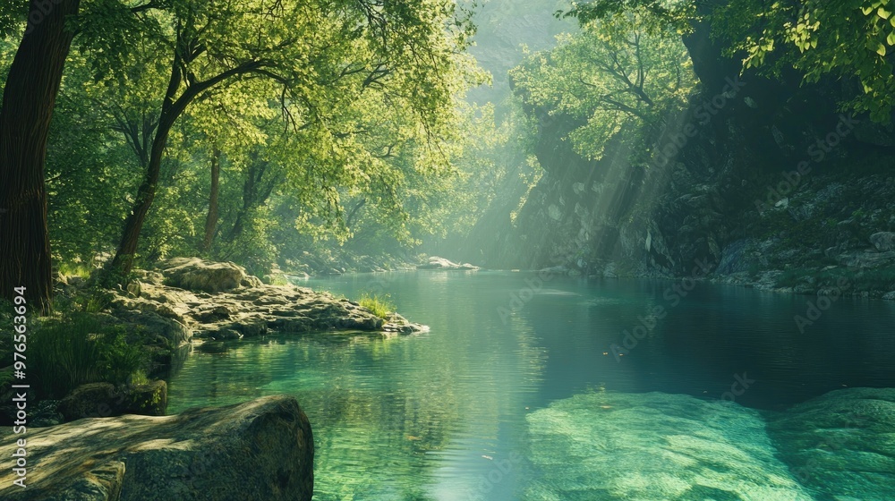 Serene Forest River with Crystal Clear Water and Sunlight Filtering Through Lush Green Trees Serene Forest River with Crystal Clear Water and Sunlight Filtering Through Lush Green Trees