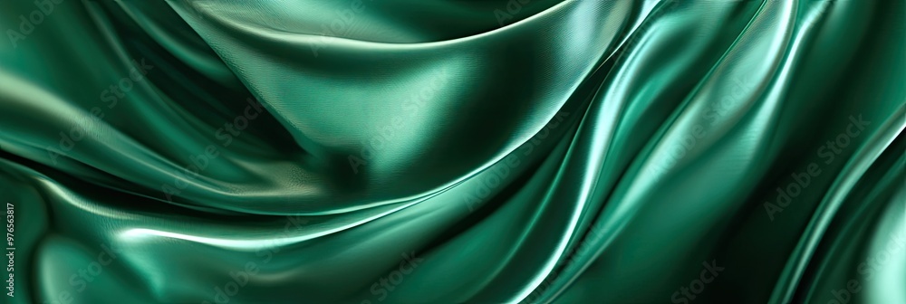 Fototapeta premium Luxurious Green Silk Fabric with Smooth Folds and Shiny Texture in Close-Up View