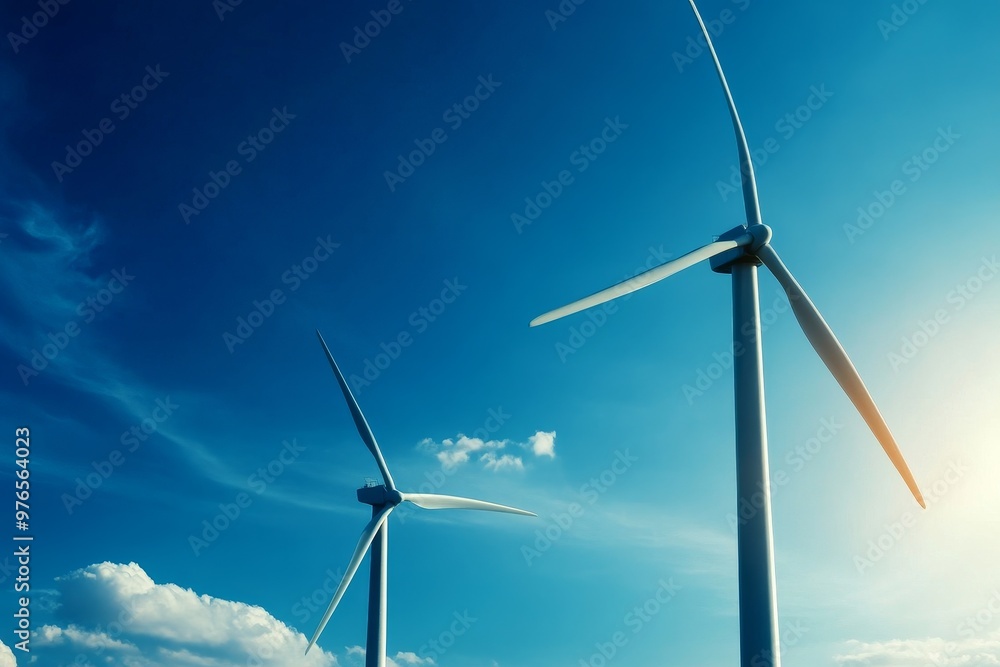 Wind turbines stand tall against a bright blue sky, symbolizing renewable energy, sustainability, clean power, environmental protection, and a sustainable future. Wind turbines stand tall against a bright blue sky, symbolizing renewable energy, sustainability, clean power, environmental protection, and a sustainable future.