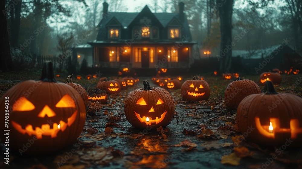 Enchanting Halloween Scene with Glowing Jack-O-Lanterns, Haunted House, and Eerie Fog at Night Enchanting Halloween Scene with Glowing Jack-O-Lanterns, Haunted House, and Eerie Fog at Night