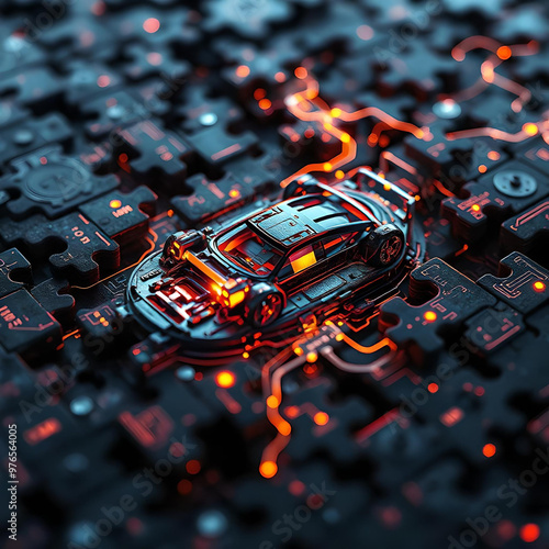 A giant puzzle symbolizes the automotive industry's complex chain, interwoven with vibrant AI technology motifs, connecting each sector to represent a future of innovation and precision photo