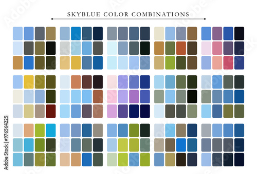 Skyblue color palette. Trend color palette guide template. Fit for fashion designers, business, and paints colors company. Match combinations. Vector graphics. Eps 10.