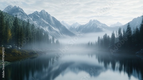 Serene Mountain Lake with Misty Forest and Snow-Capped Peaks in the Early Morning Light