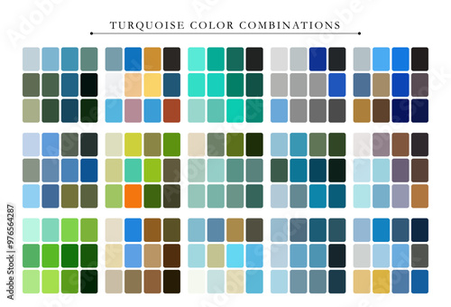 Turquoise color palette. Trend color palette guide template. Fit for fashion designers, business, and paints colors company. Match combinations. Vector graphics. Eps 10.