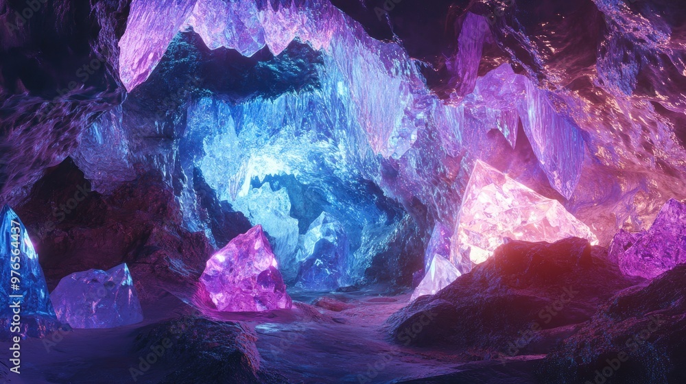 Obraz premium Stunning Crystal Cave with Vibrant Illuminated Crystals in Various Colors