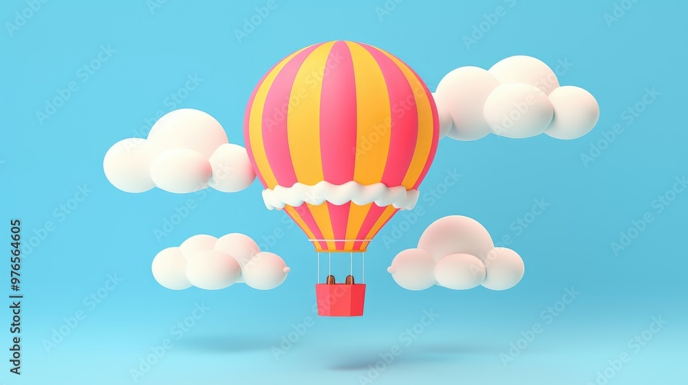 Obraz premium A pink and yellow cartoon hot air balloon floats amongst fluffy white clouds against a bright blue sky.
