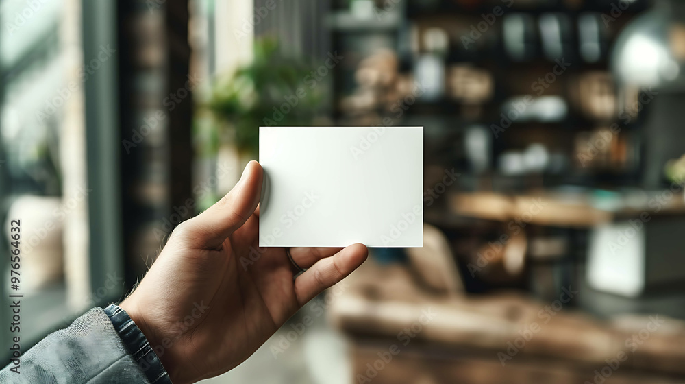A man's hand holds a blank white business card in a cafe setting. A man's hand holds a blank white business card in a cafe setting.