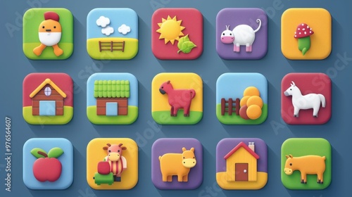 A collection of colorful farm icons for an educational app.