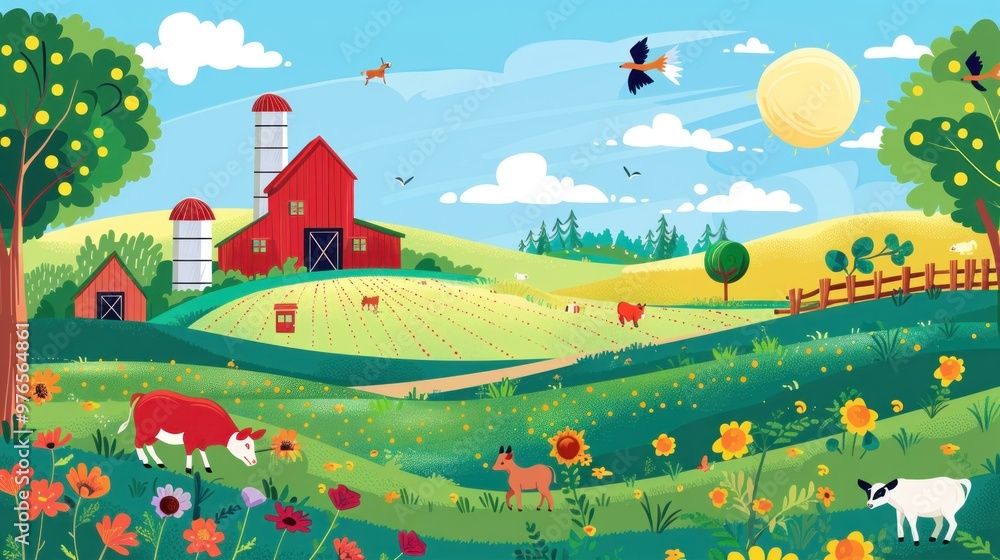 Fototapeta premium A colorful illustration of a farm with a barn, silo, and animals.