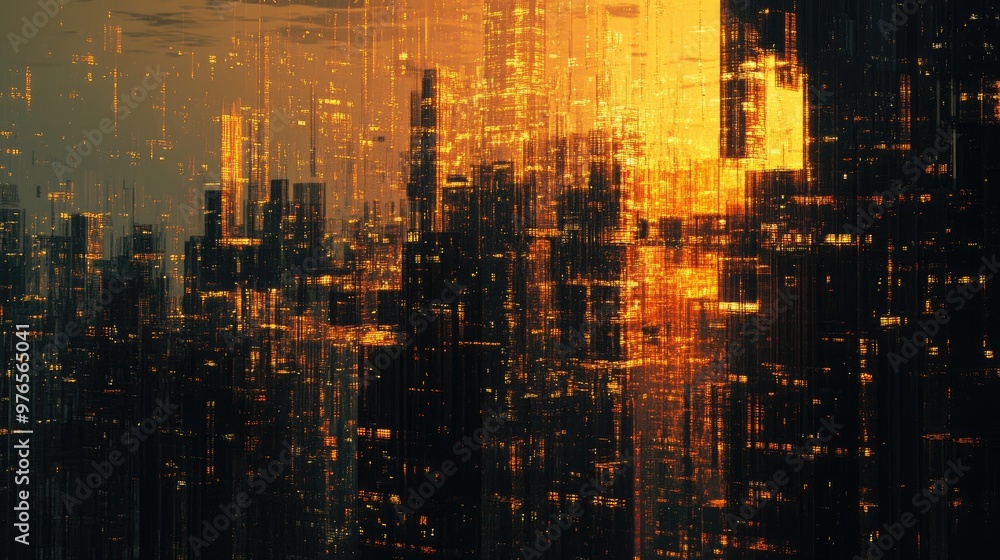 Futuristic Cityscape with Glowing Lights and Skyscrapers at Sunset, Abstract Digital Art Depicting a Modern Urban Environment Futuristic Cityscape with Glowing Lights and Skyscrapers at Sunset, Abstract Digital Art Depicting a Modern Urban Environment