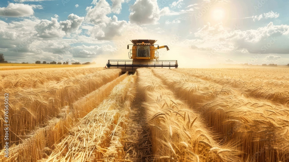 Fototapeta premium A combine harvester working in a wheat field.